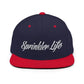 Navy blue and red Sprinkler Life Snapback Hat with white script embroidery