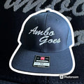 Navy blue Ambo Goes hat for first responders with white embroidered script
