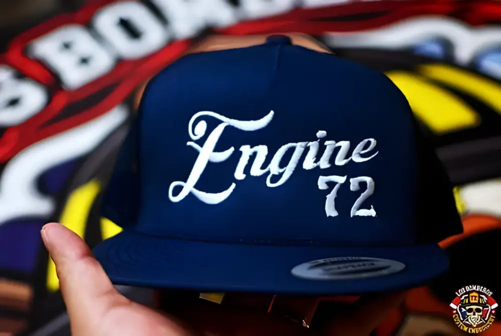 Navy blue custom-YP classic snapback cap with Engine 72 embroidered in white script