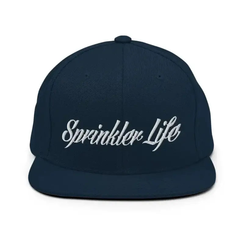 Navy blue Sprinkler Life snapback hat with white embroidered script design