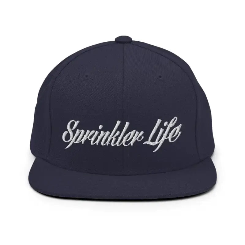 Navy blue Sprinkler Life Snapback hat with white script embroidery