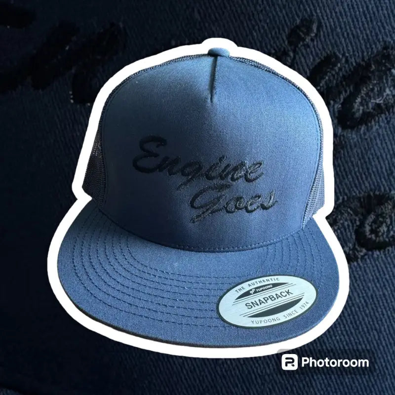 Navy blue Yupoong snapback hat with Engine Gods text for first responders and firefighters