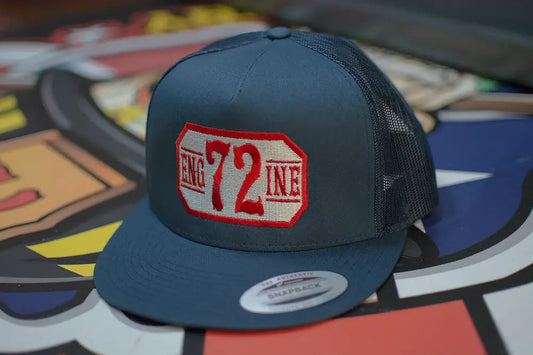 Navy blue custom hat with red 72 patch, part of the Passport Design collection