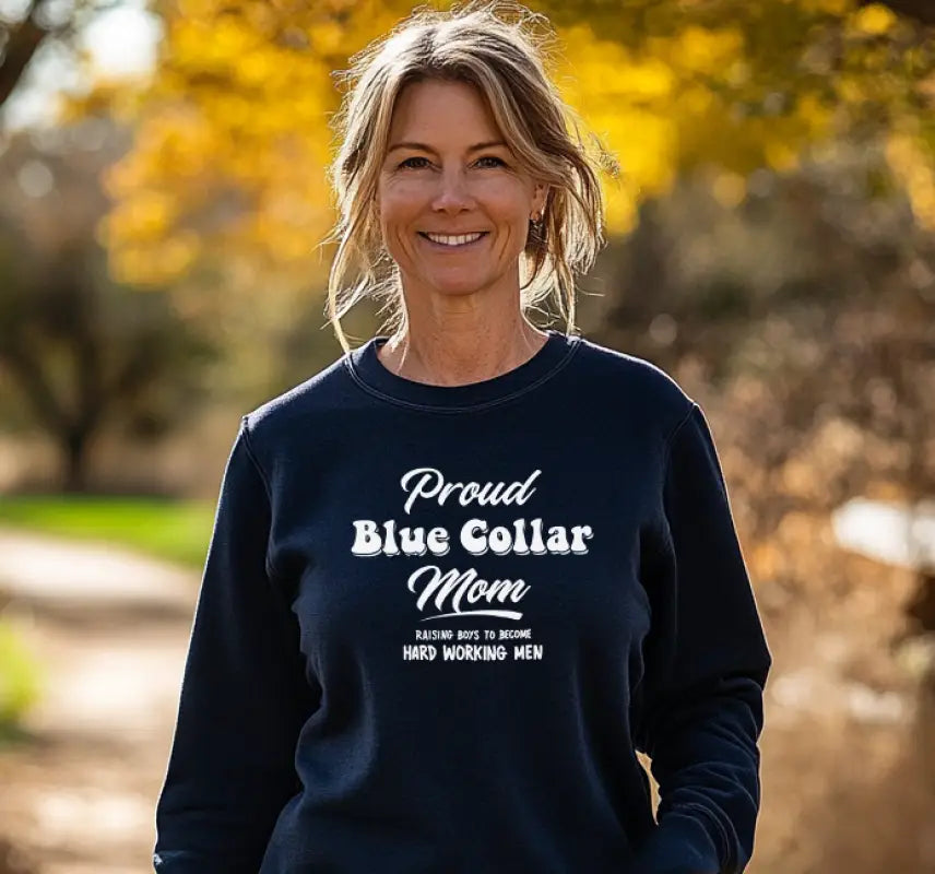 Navy blue Proud Blue Collar Mom Crew Sweatshirt with classic unisex fit