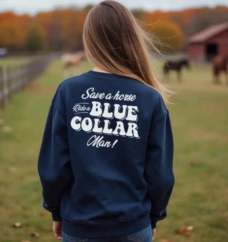 Navy blue crew sweatshirt with classic unisex fit, Save A Horse design