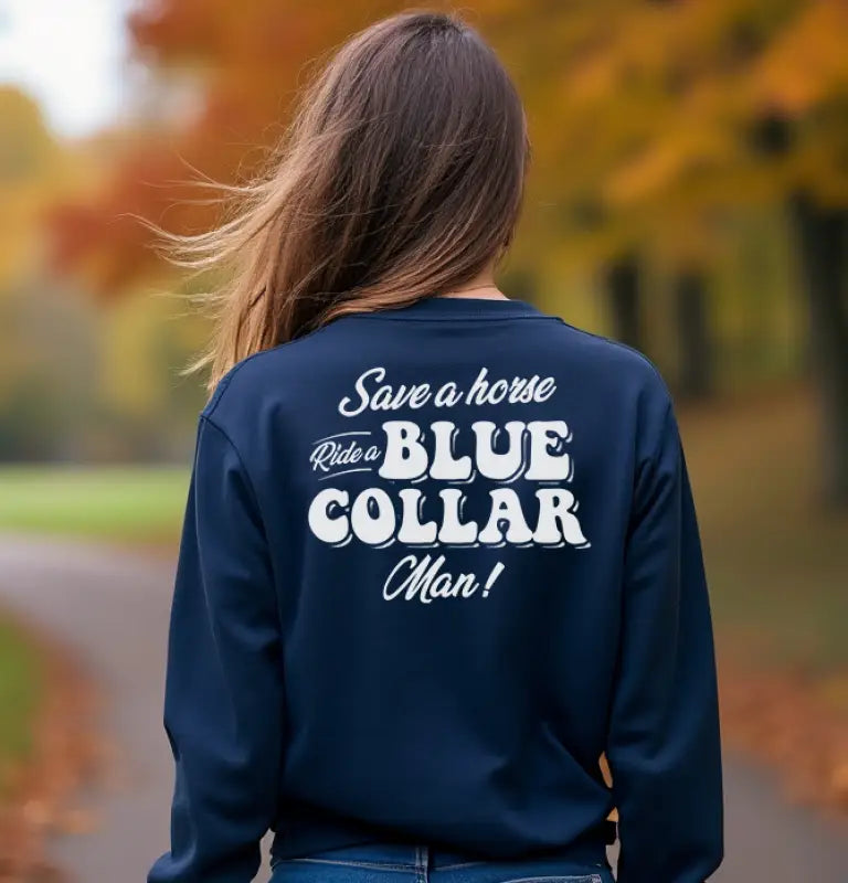 Navy blue crew sweatshirt featuring a classic unisex fit from Save A Horse collection