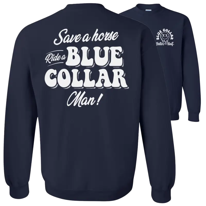 Navy blue crew sweatshirt with classic unisex fit from Save A Horse collection