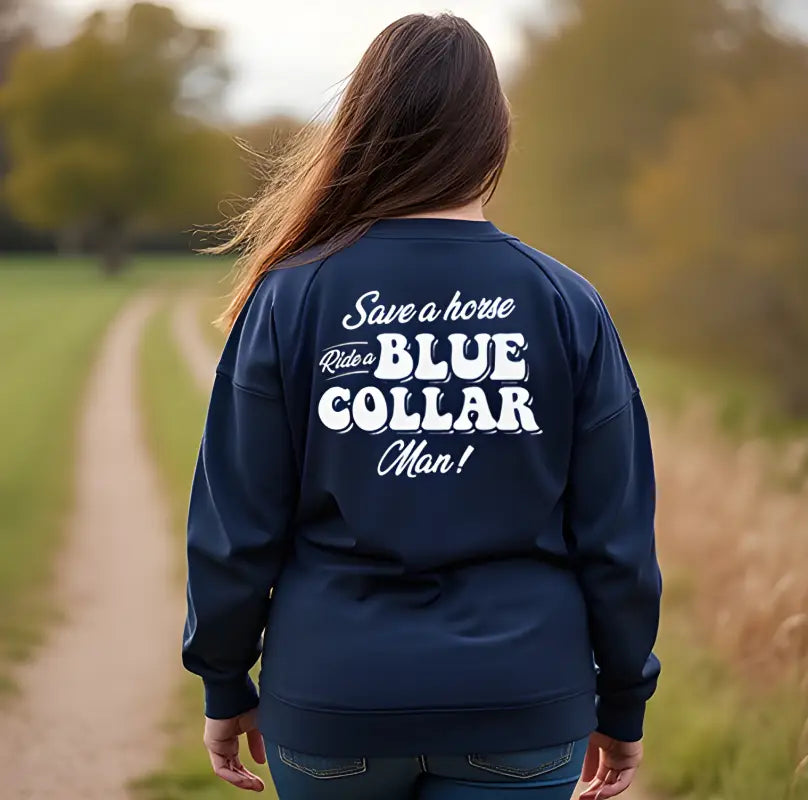 Navy blue crew sweatshirt featuring classic unisex fit from Save A Horse collection