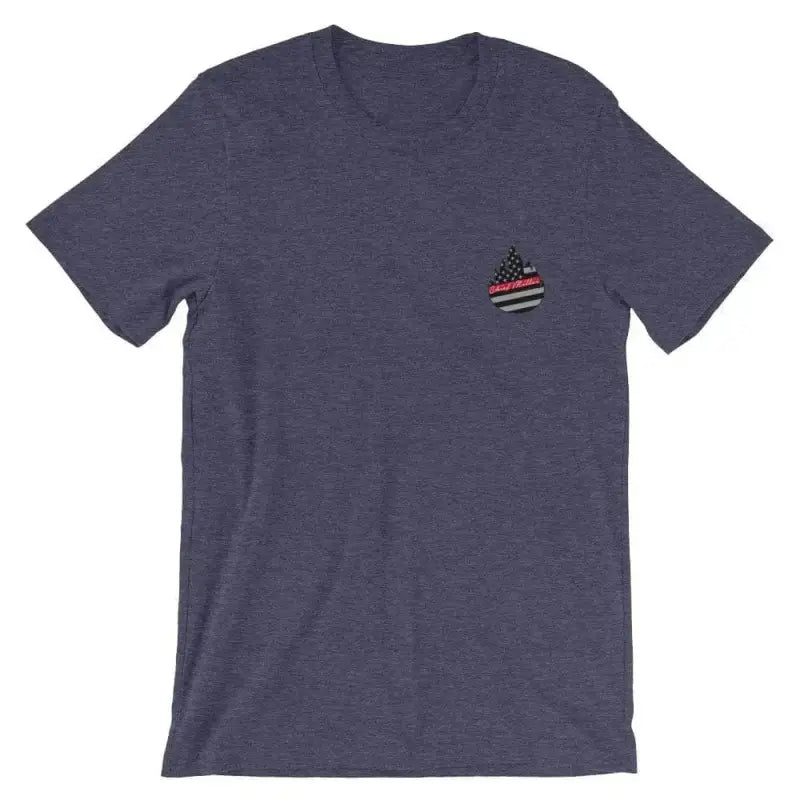 Navy blue t-shirt in Heather Midnight Navy featuring small American flag design on pocket