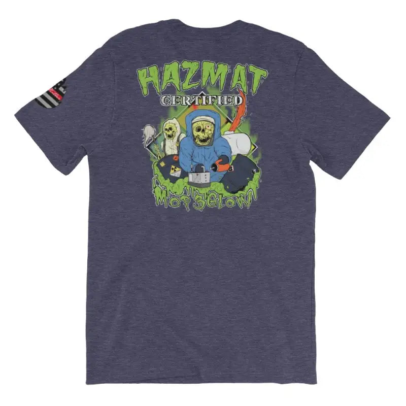 Navy blue t-shirt with zombie-style HAZMAT CERTIFIED design on heather midnight navy fabric