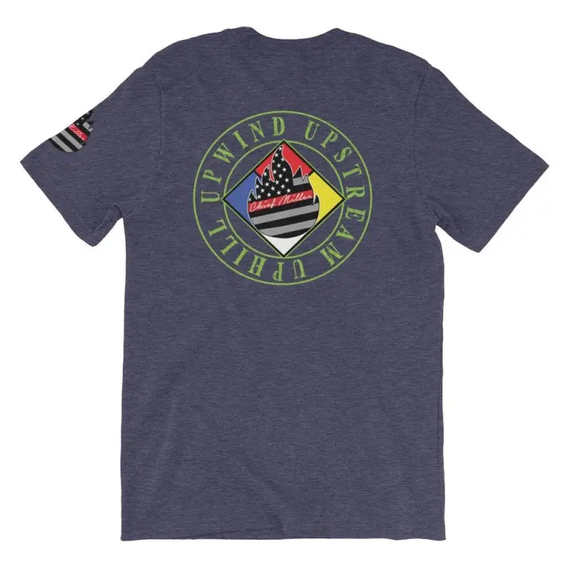 Navy blue Chief Miller Hazmat t-shirt with American flag logo and arrow graphic