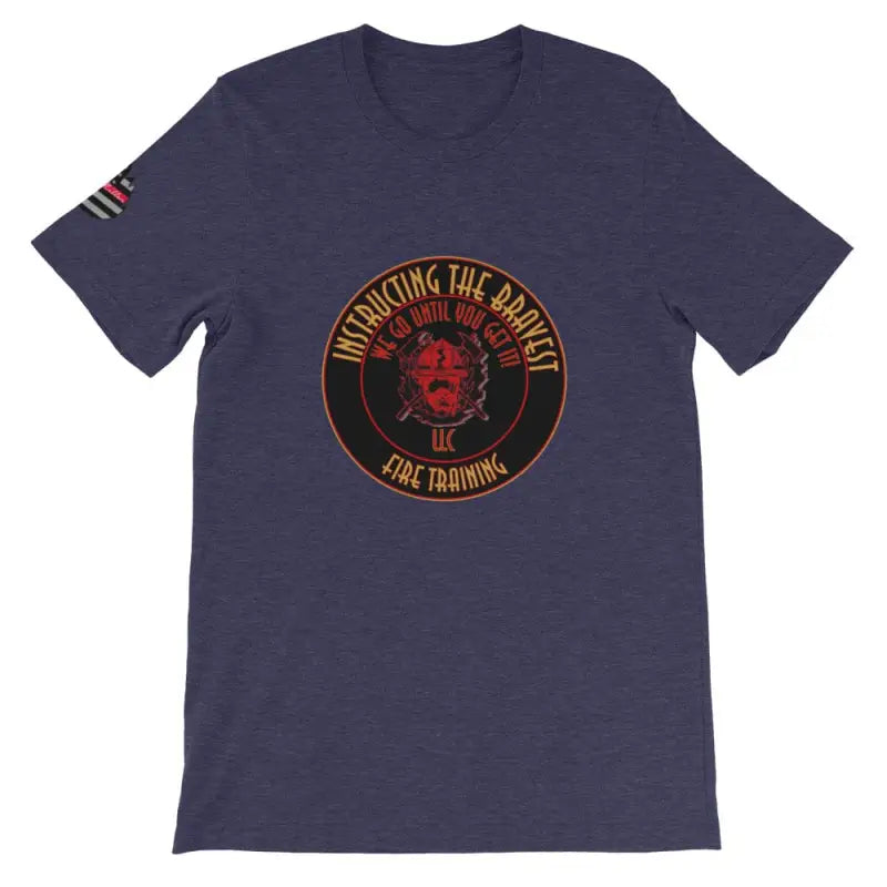 Navy blue heather midnight navy t-shirt with ’Embracing the Painful’ fire design