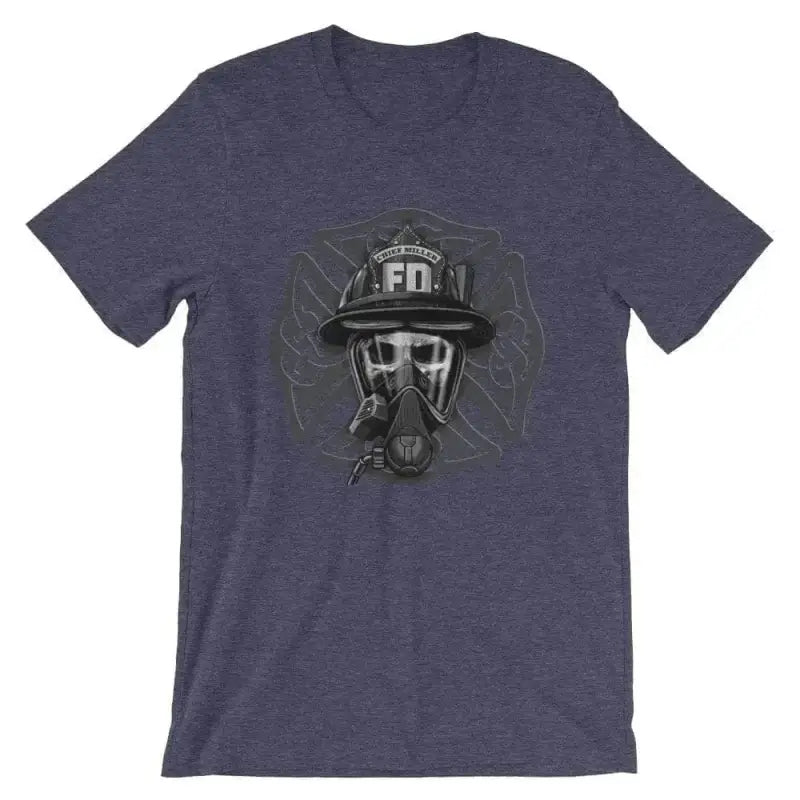 Navy blue t-shirt with firefighter helmet and gas mask, featuring Celtic Maltese Cross design