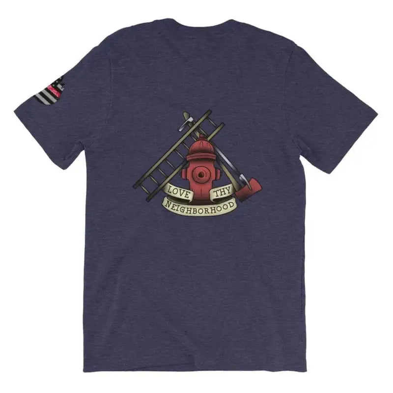 Navy blue Love Thy Neighborhood t-shirt with firefighter graphic and banner design