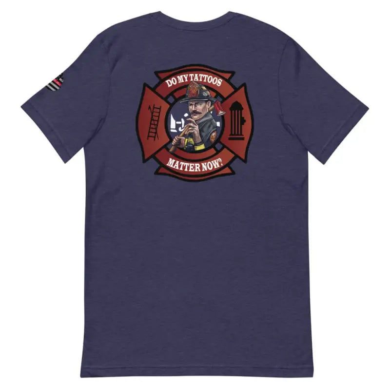 Navy blue t-shirt with firefighter Maltese cross and Privatization Matter Now text