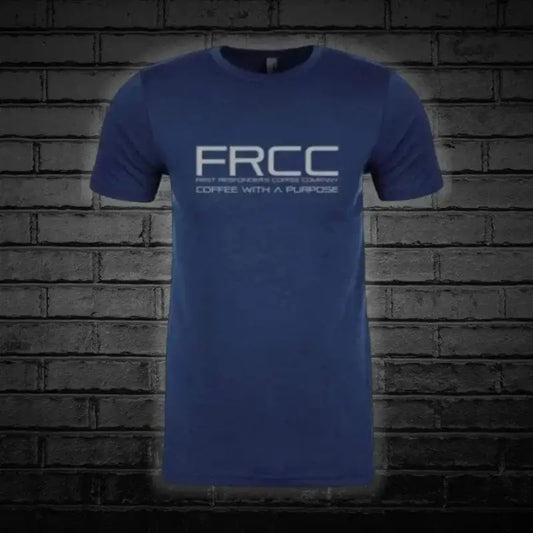 Navy blue shirt with FRCC and Coffee With A Purpose in light gray for men and women