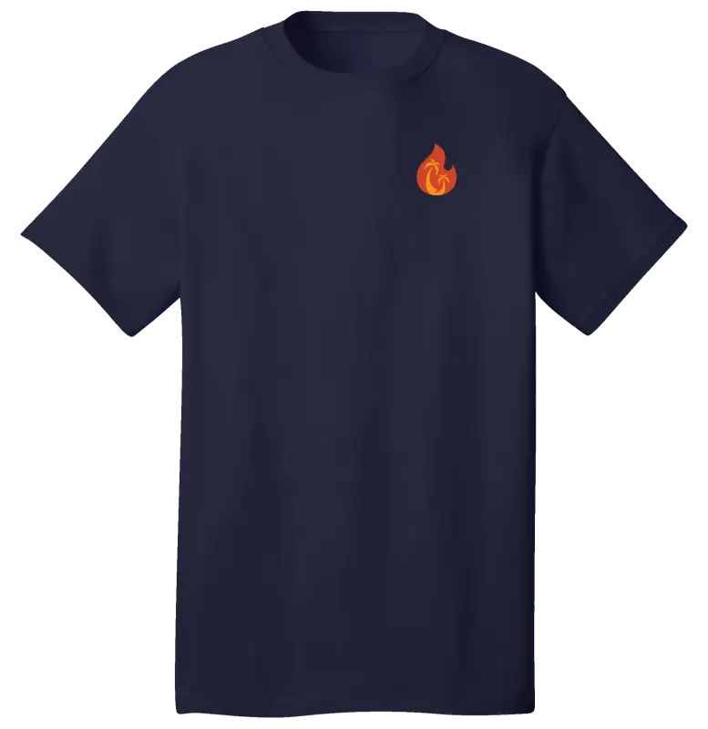 Navy blue California fundraiser t-shirt with orange flame logo on chest for pre-order