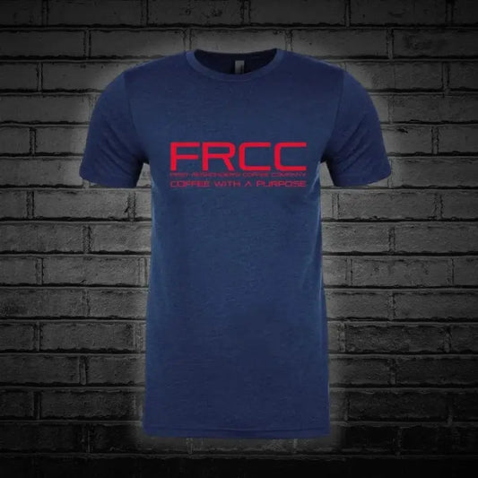 Navy blue t-shirt with red FRCC text, ideal men’s women’s shirt blue red style