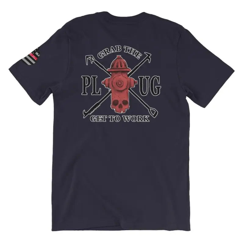 Navy blue t-shirt with red fire hydrant graphic, perfect for dark grey heather style