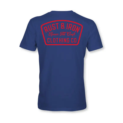 Navy blue West Coast Tee featuring red Rust & Iron Clothing Co. logo on back