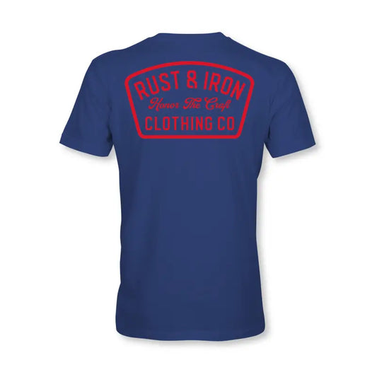 Navy blue West Coast Tee featuring red Rust & Iron Clothing Co. logo on back