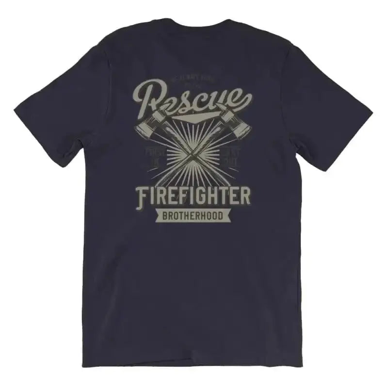 Navy blue Rescue Firefighter Short Sleeve t-shirt with crossed axes design on back