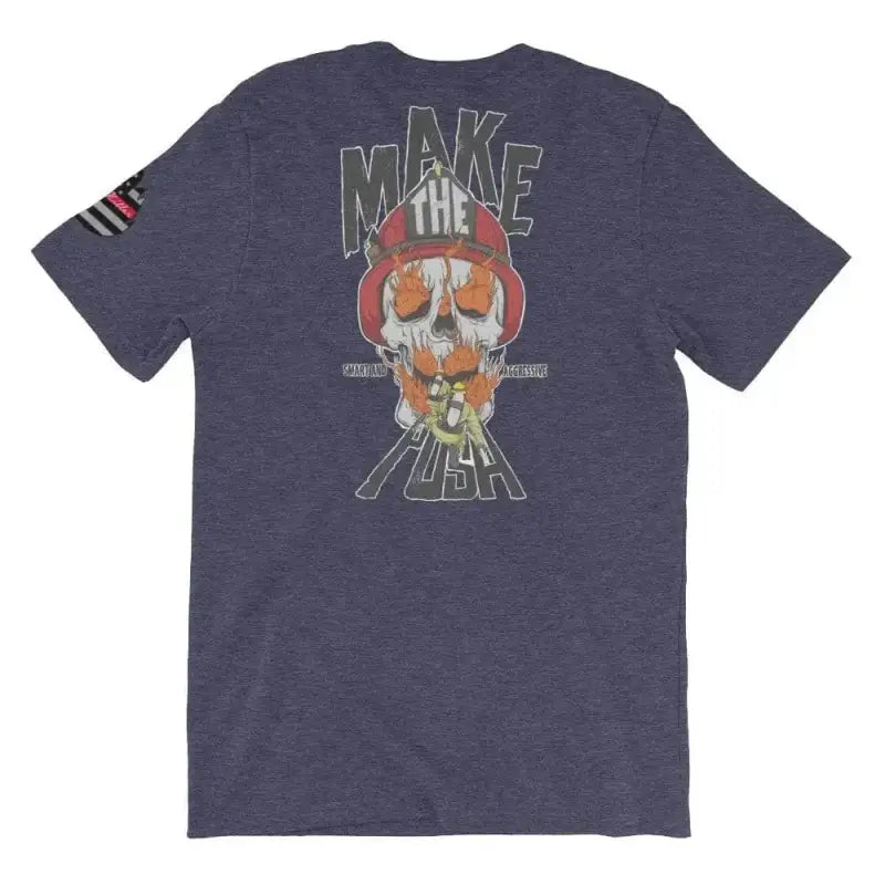 Navy blue t-shirt with skull graphic and MAKE THE WEAK text - Make The Push - Short Sleeve