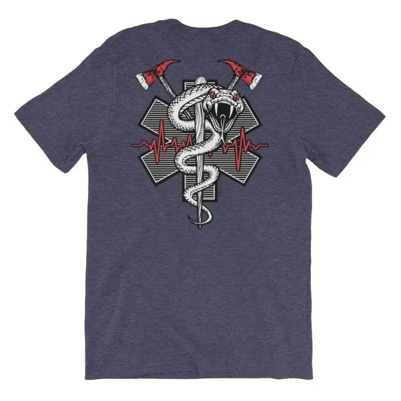 Navy blue short sleeve t-shirt with snake, caduceus, fire axes, and EKG design