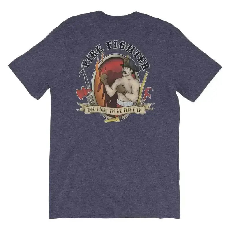 Navy blue T-shirt with vintage boxing graphic, You Light’em We Fight’em logo on back