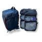 Navy blue travel backpack with packing cubes next to 24hrplus Black Complete Tactical Backpack