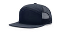 Navy blue trucker hat with Serpent Skull Leather Patch and Skull Leather Patch design