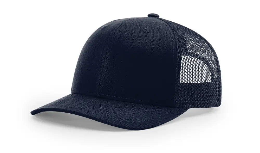 Navy blue trucker hat with leather patch for first responders and firefighters named Dumpster Fire