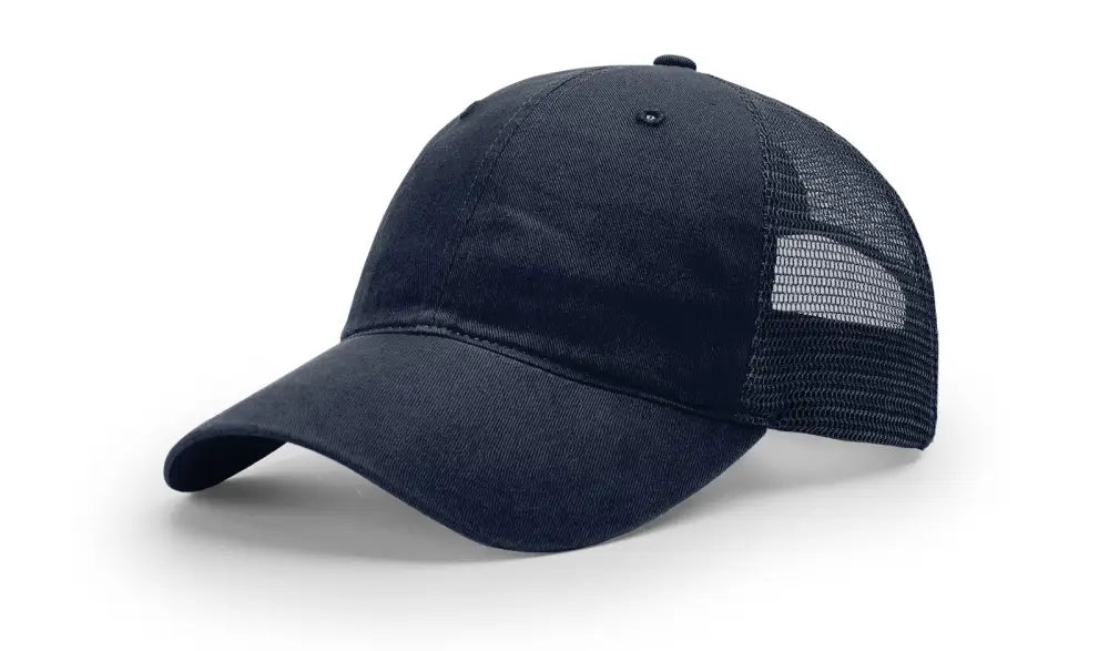Navy blue trucker hat with leather patch for first responders and firefighter enthusiasts