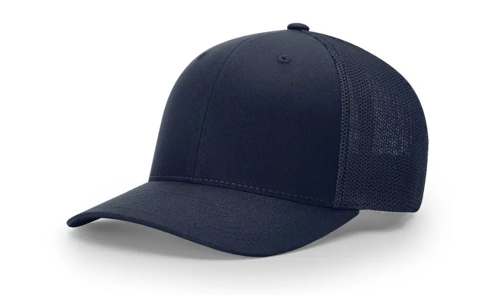 Navy blue trucker hat with leather patch for first responders and firefighters labeled Dumpster Fire
