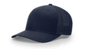 Navy blue trucker hat with serpent skull leather patch and skull leather patch design