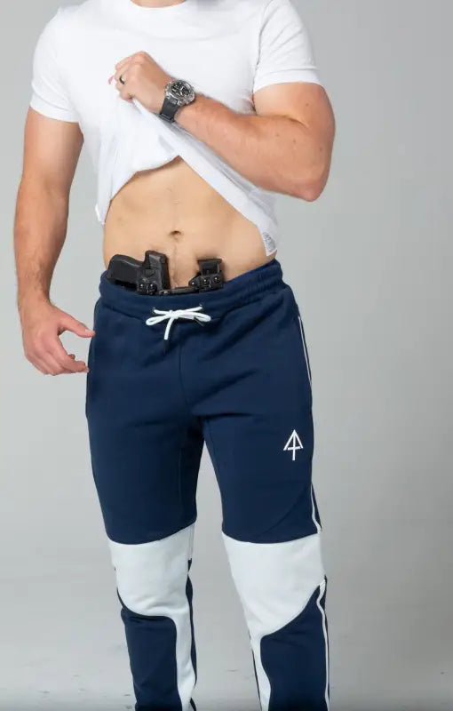 Navy blue and white Carrier Joggers Mk.II with patented carrier retention waistband