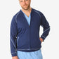 Navy blue zip-up Men’s Scrub Jacket with light blue contrast stitching