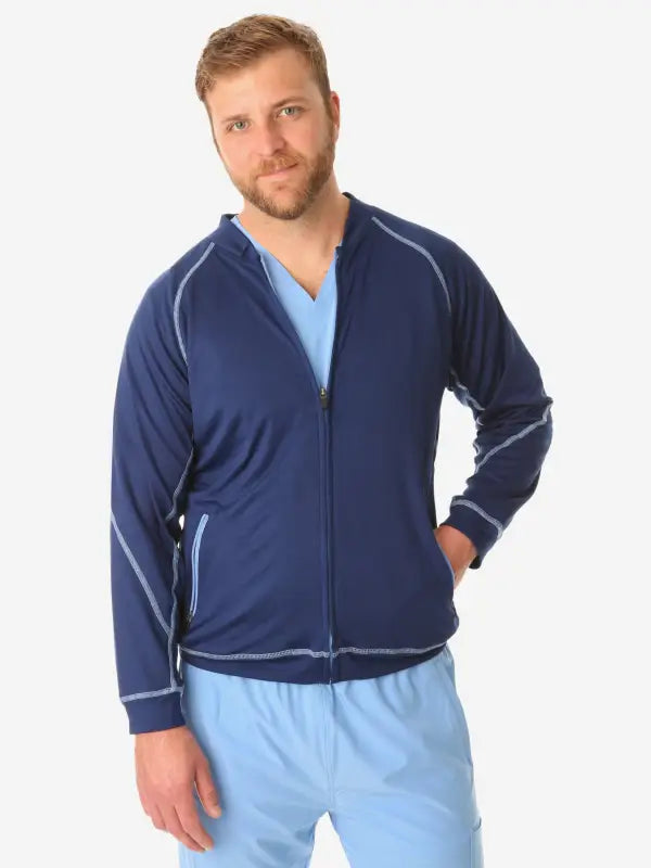 Navy blue zip-up Men’s Scrub Jacket with light blue contrast stitching