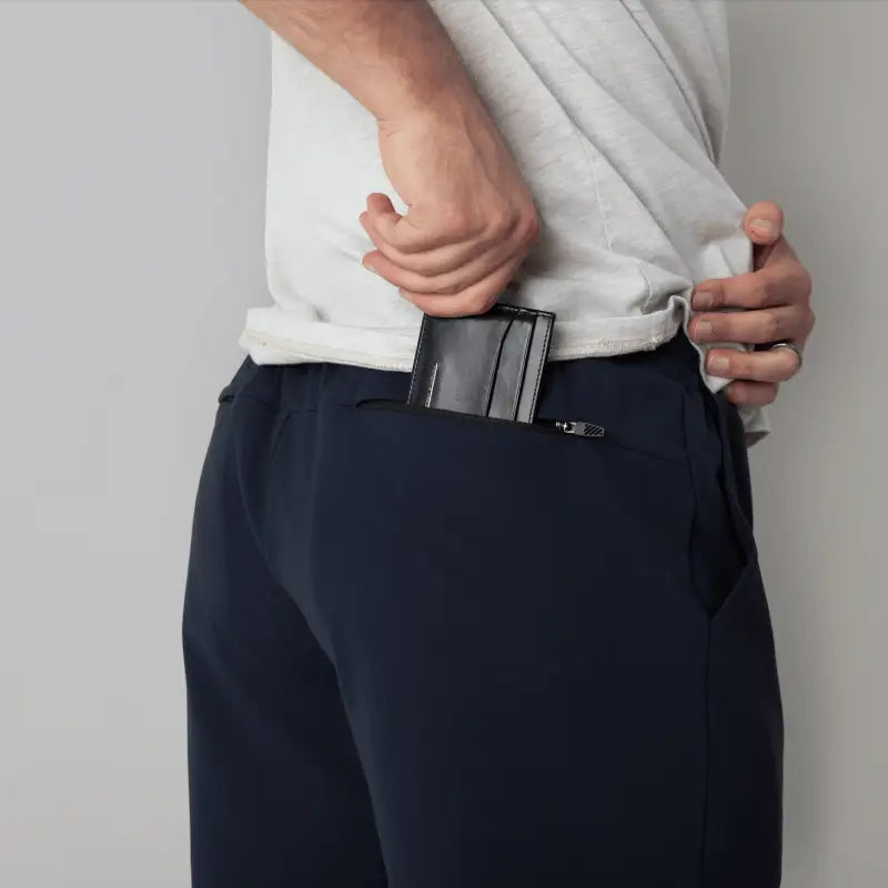Navy blue zippered pocket pants from Carrier Shorts Mk.II for concealed carry by Arrowhead Tactical Apparel