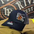 Navy and gray firefighter hat featuring the Straight Stream Psycho Leather Patch design