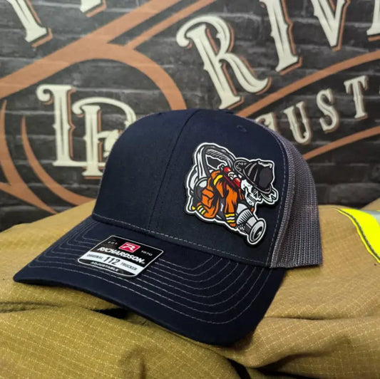 Navy and gray firefighter hat featuring the Straight Stream Psycho Leather Patch design