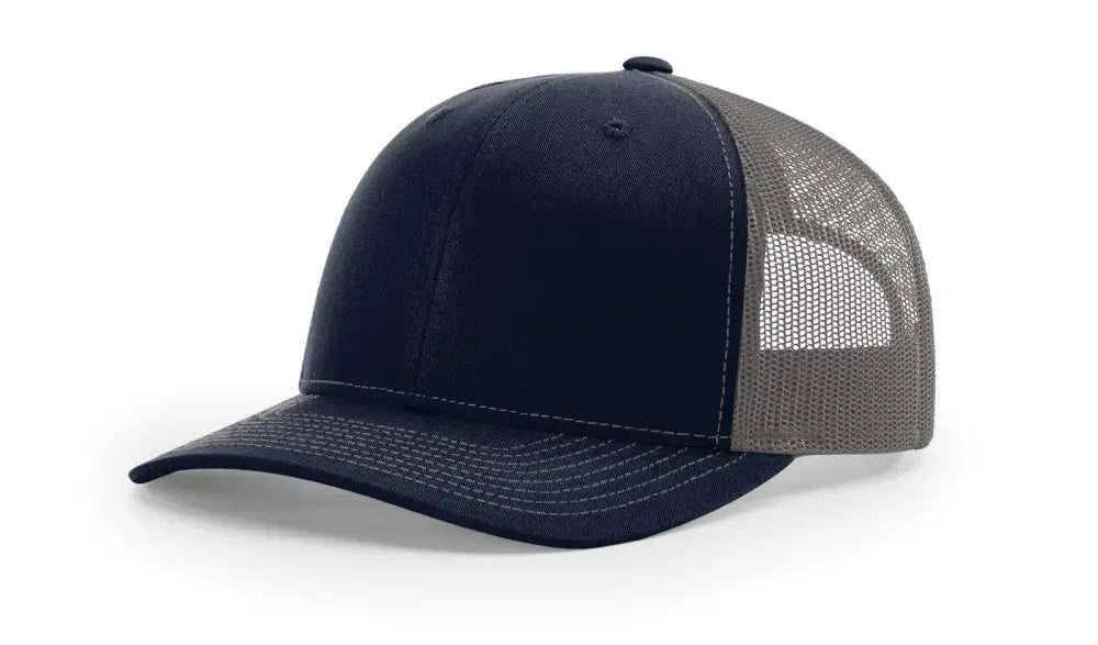 Navy and gray trucker hat with leather patch for first responders and firefighters, Dumpster Fire product