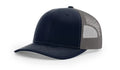 Navy and gray trucker hat with serpent skull leather patch and skull leather patch design