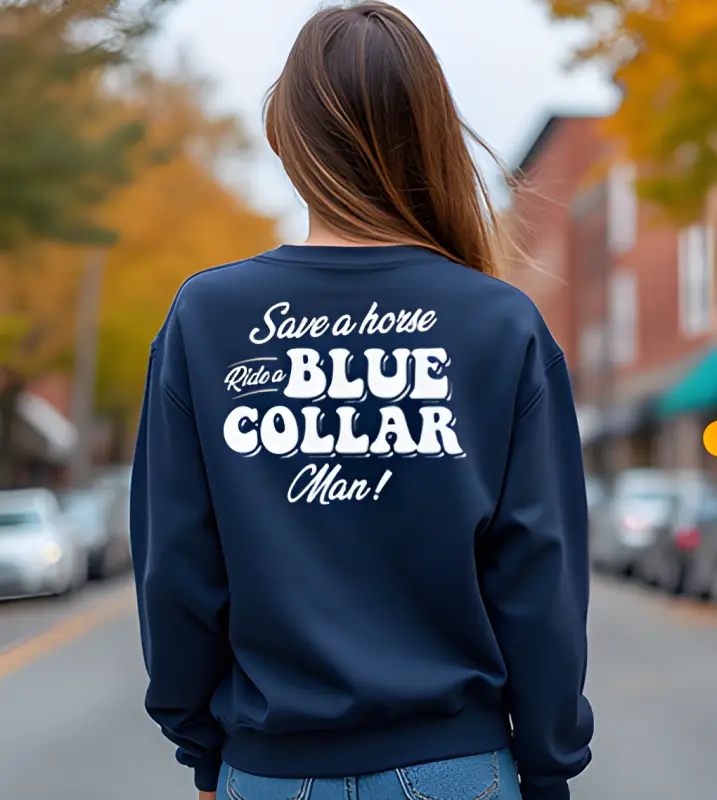 Navy crew sweatshirt with Save A Horse slogan in classic unisex fit design