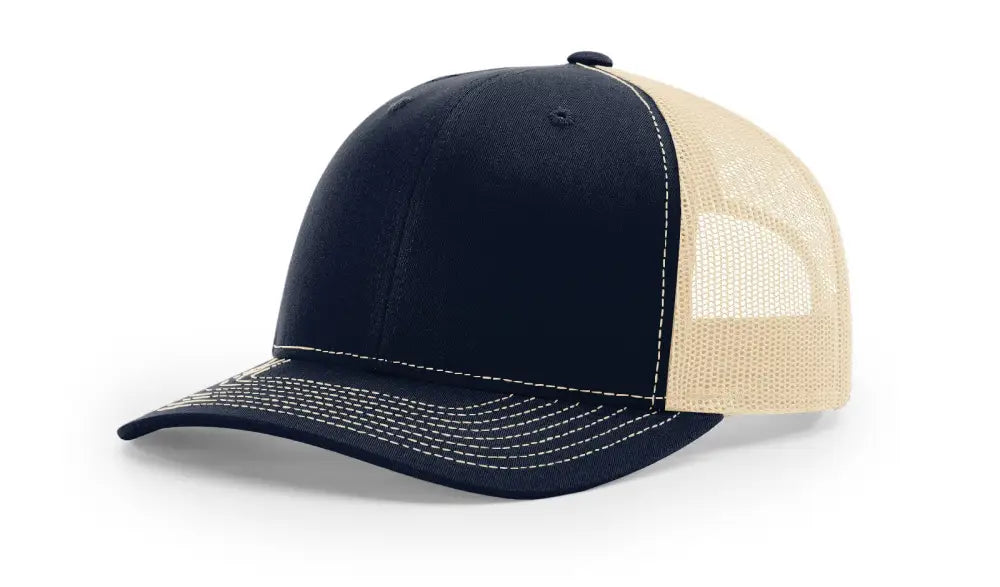 Navy and tan trucker hat with leather patch for first responders and firefighters - Dumpster Fire