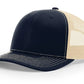 Navy and tan trucker hat with Serpent Skull Leather Patch and Skull Leather Patch design