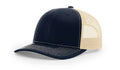 Navy and tan trucker hat with Serpent Skull Leather Patch and Skull Leather Patch design