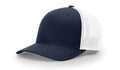 Navy and white trucker hat with Serpent Skull Leather Patch and Skull Leather Patch