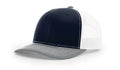 Navy and white trucker hat with Serpent Skull Leather Patch and skull leather patch design