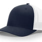 Navy and white trucker hat with leather patch for first responders and firefighters displayed in Dumpster Fire product